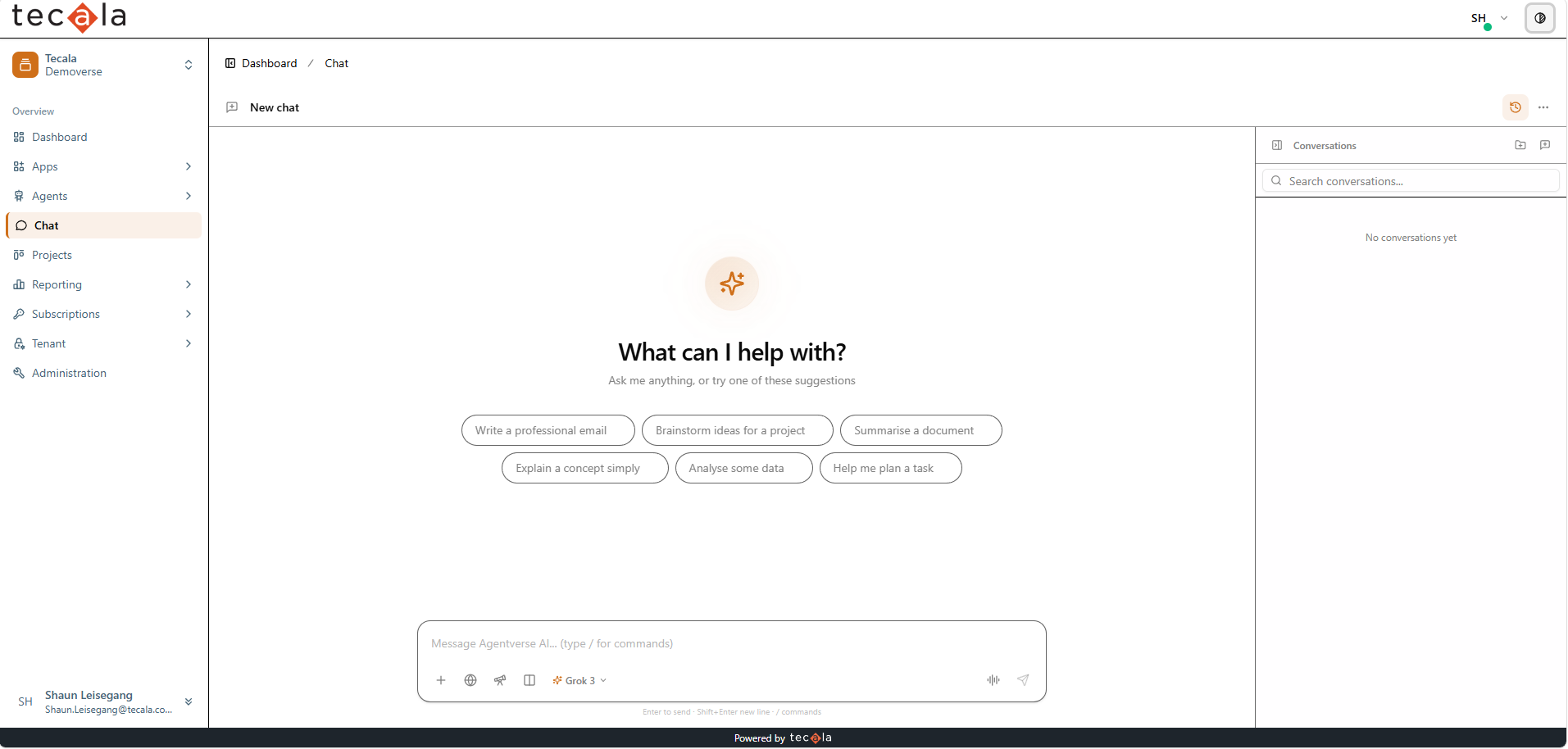 Agentverse Chat home screen with suggestion prompts and a branded Tecala interface