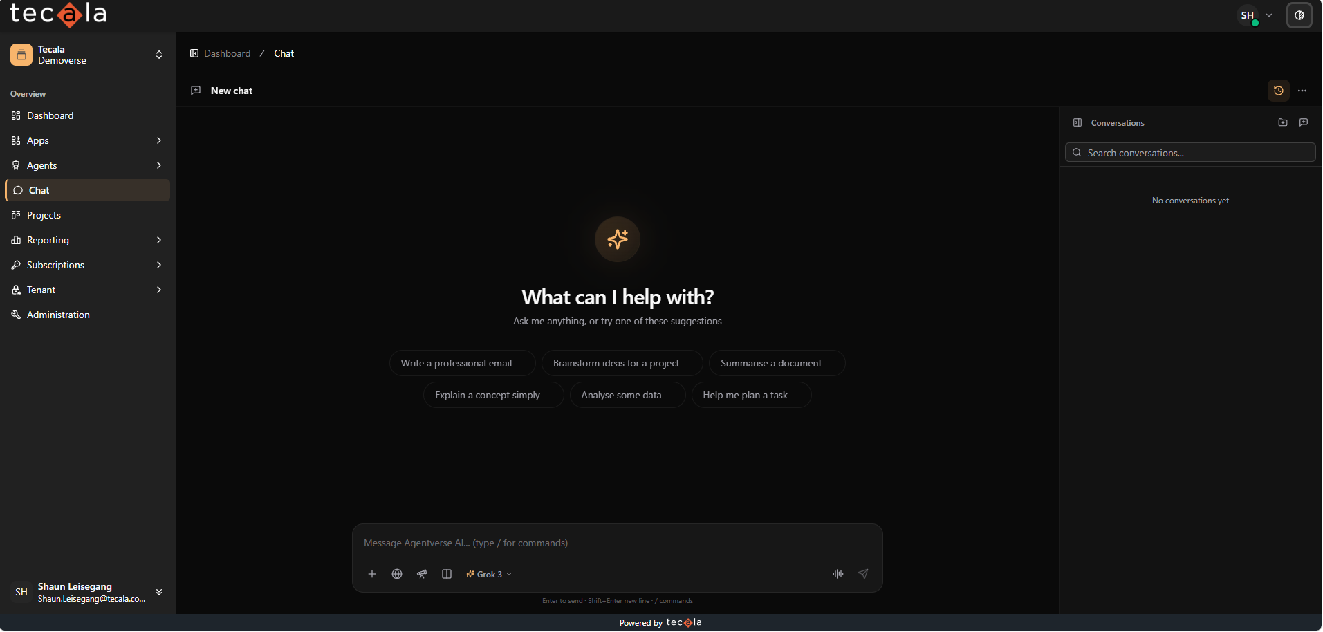 Agentverse Chat home screen in dark mode