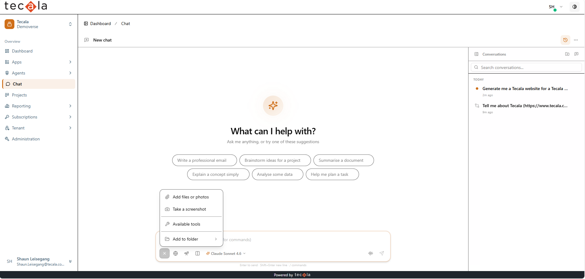 Attachment menu open with options to add files, take a screenshot, choose tools and add to folder