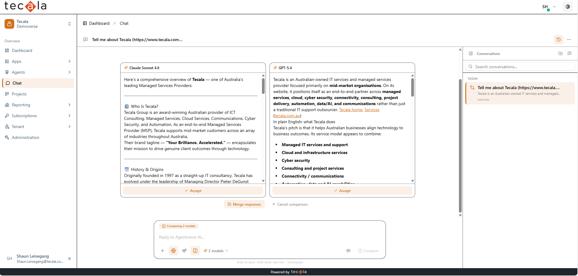 Claude and GPT responses side by side with Accept and Merge responses options