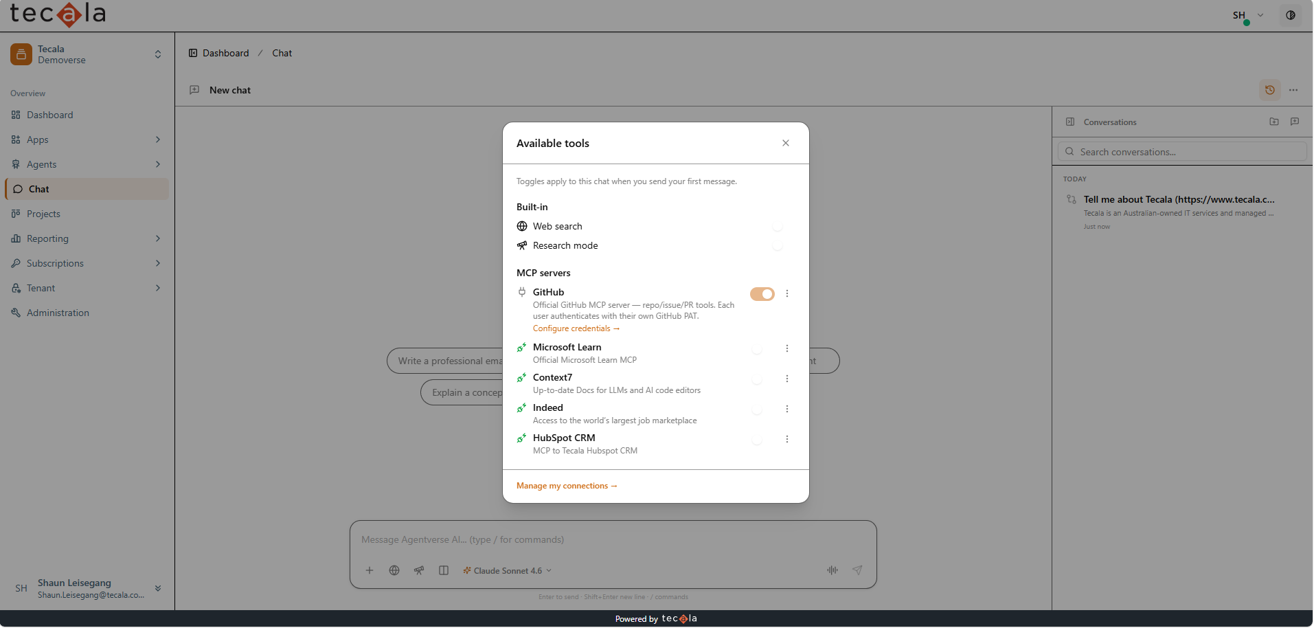 Available tools panel with web search, research mode and MCP servers including GitHub and HubSpot CRM