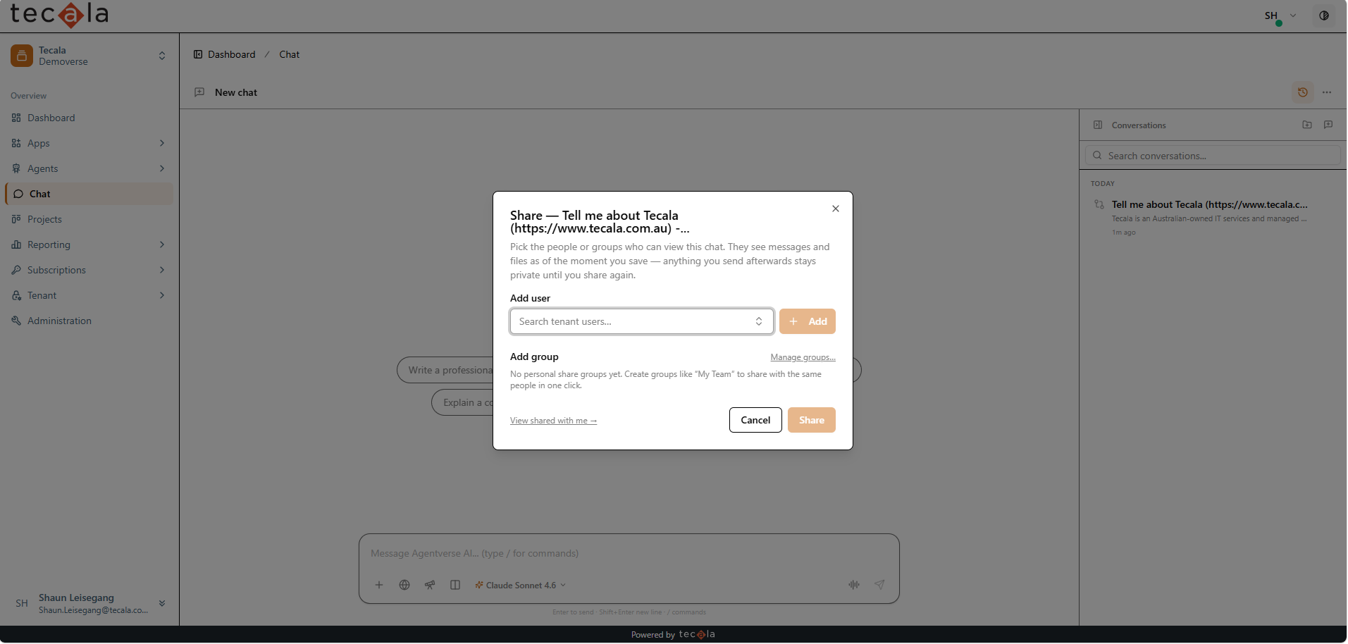 Share dialog for a conversation with options to add users and groups