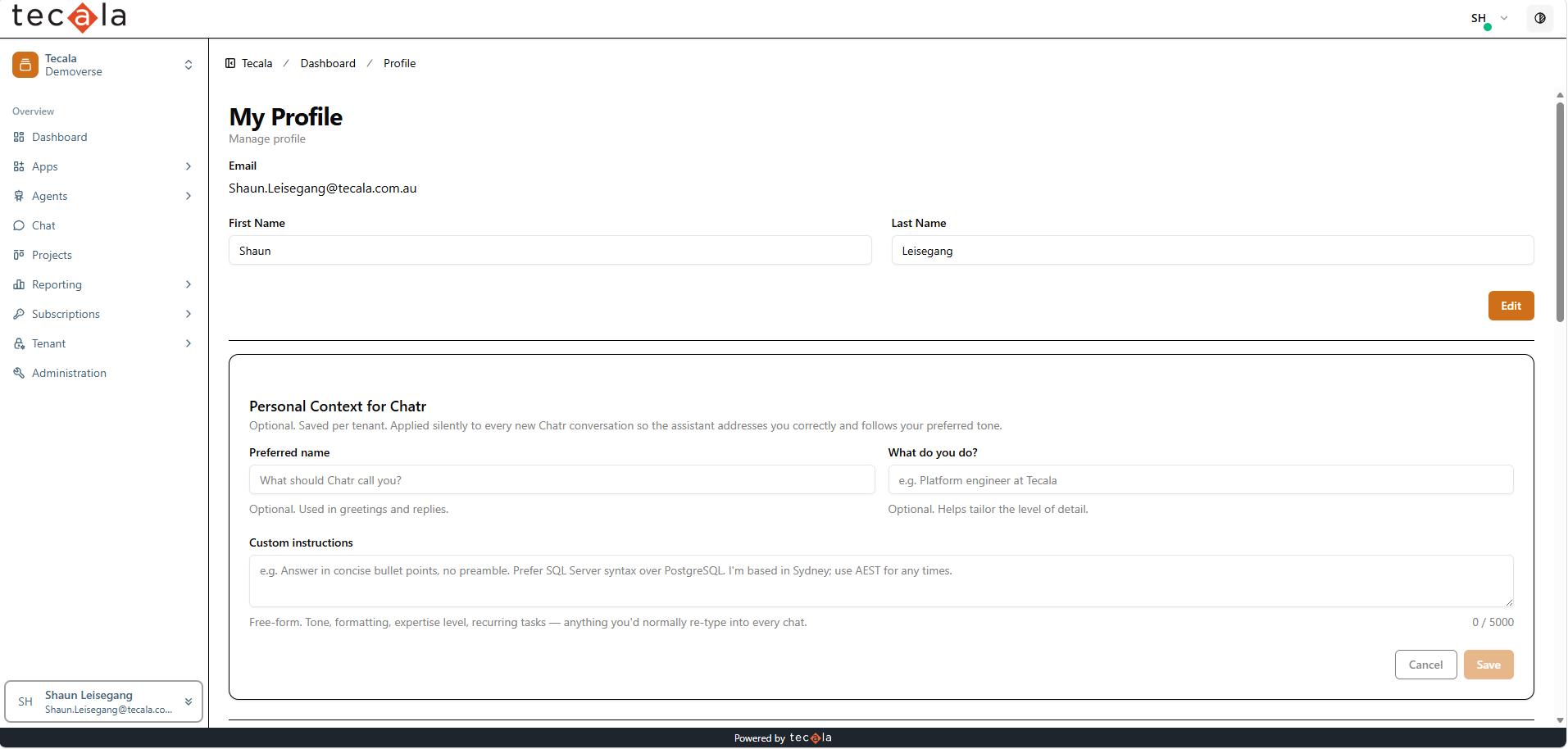 Profile page with personal context settings including preferred name and custom instructions