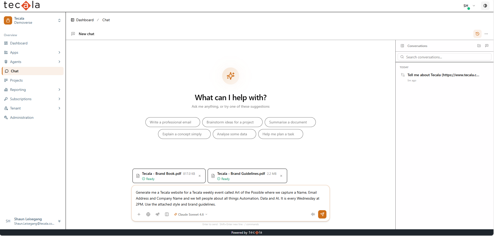 Brand guideline PDFs attached to a prompt asking for a Tecala event website