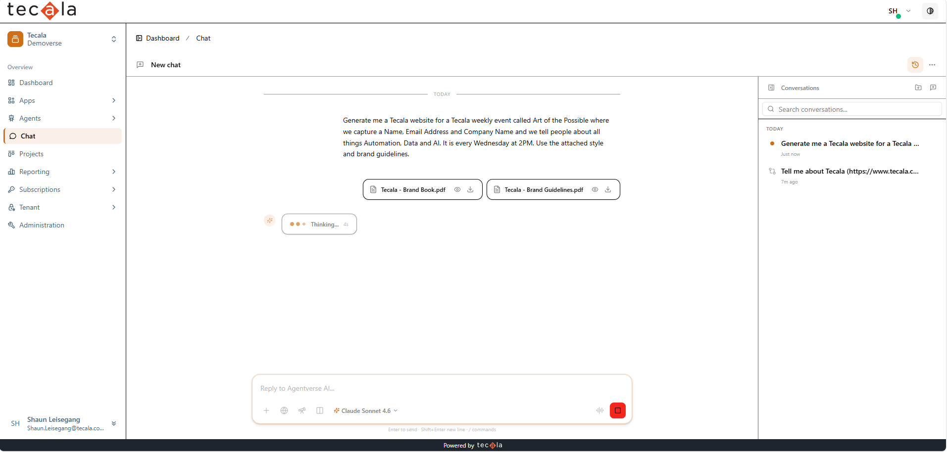 The request sent with both PDFs attached and the assistant thinking