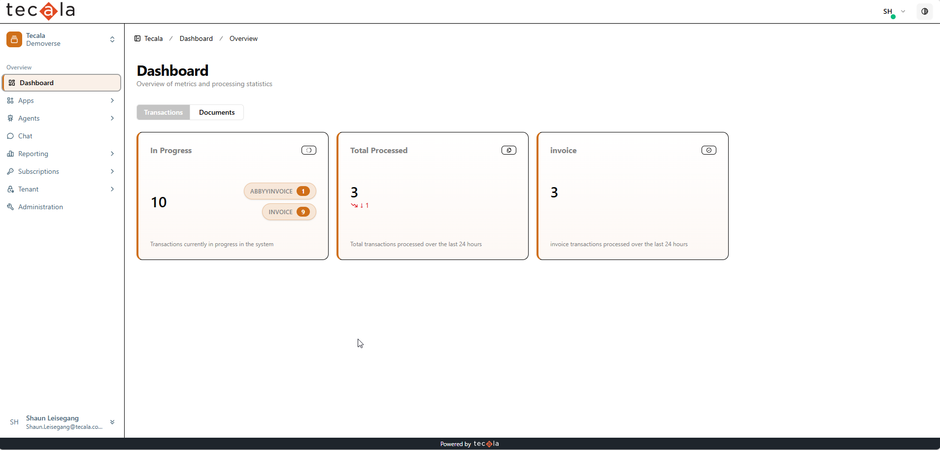 Agentverse dashboard showing transactions in progress and processed