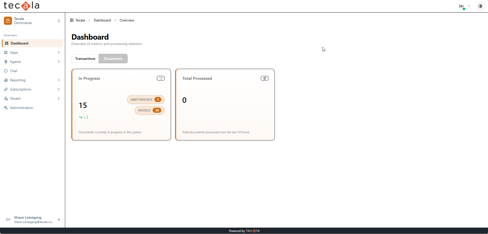 Dashboard documents tab, fifteen in progress