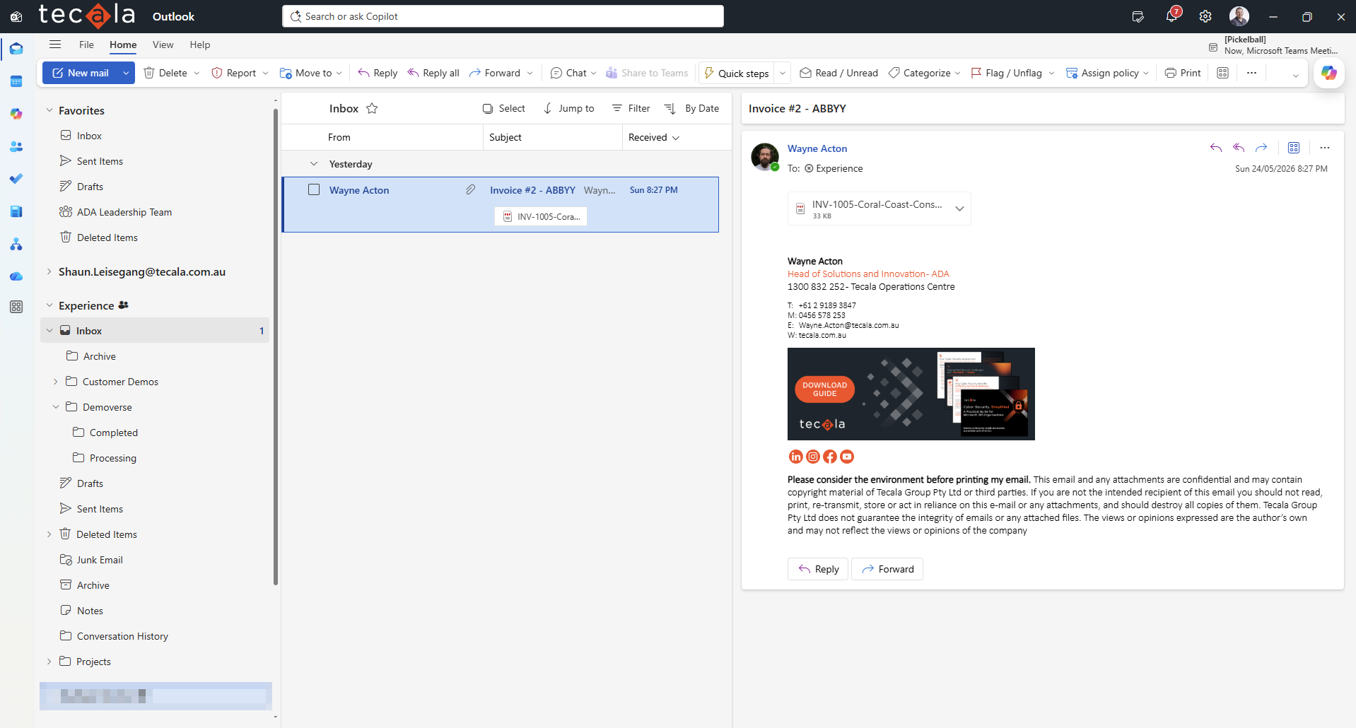 Outlook inbox with an invoice email and PDF attachment