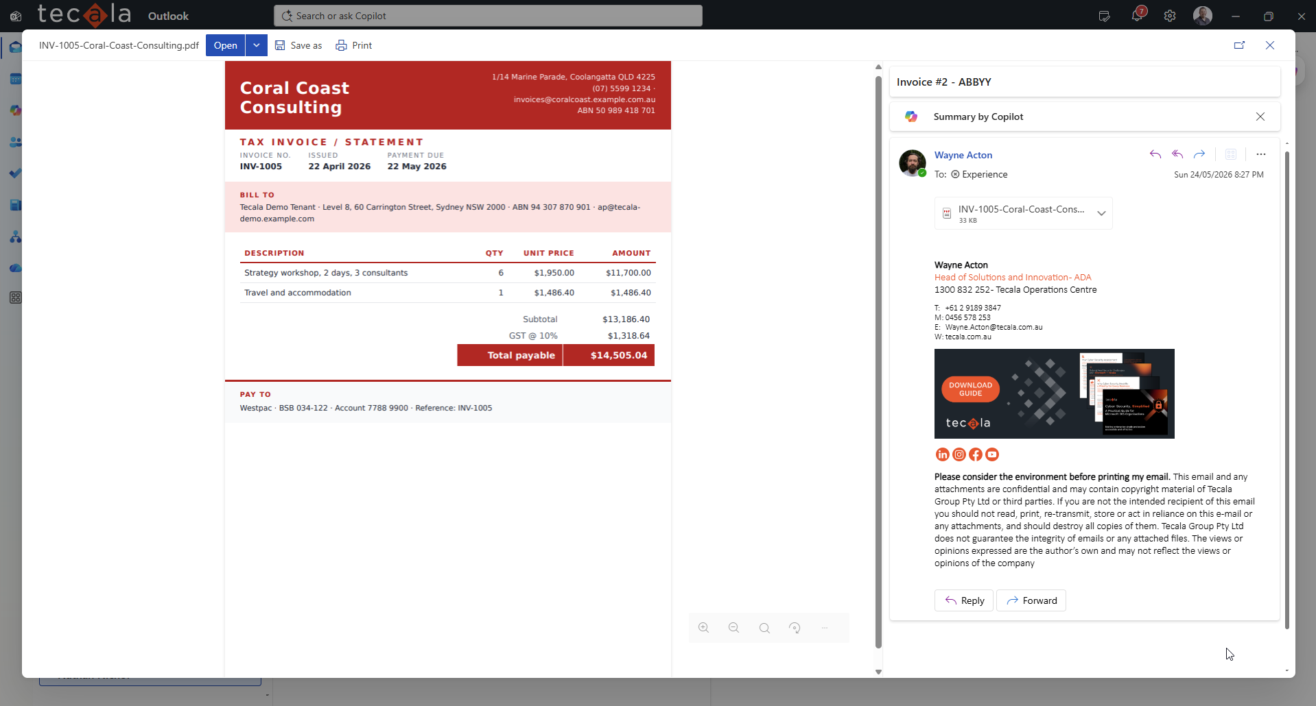 The invoice PDF opened alongside a Copilot summary