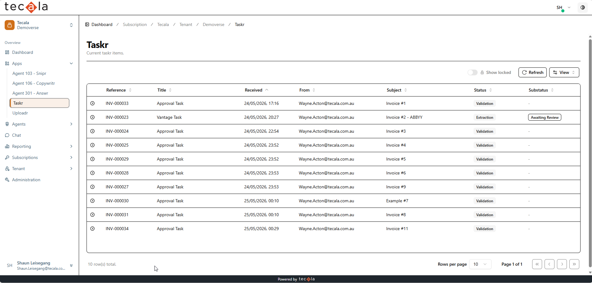 Taskr work queue listing invoices with live statuses