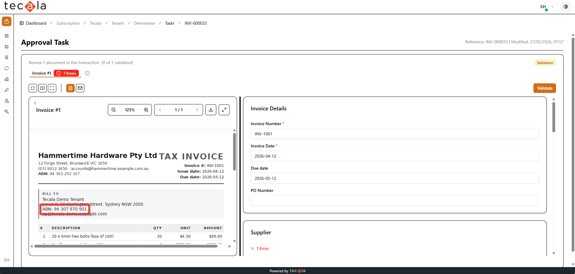 Supplier ABN read from the invoice and highlighted for checking