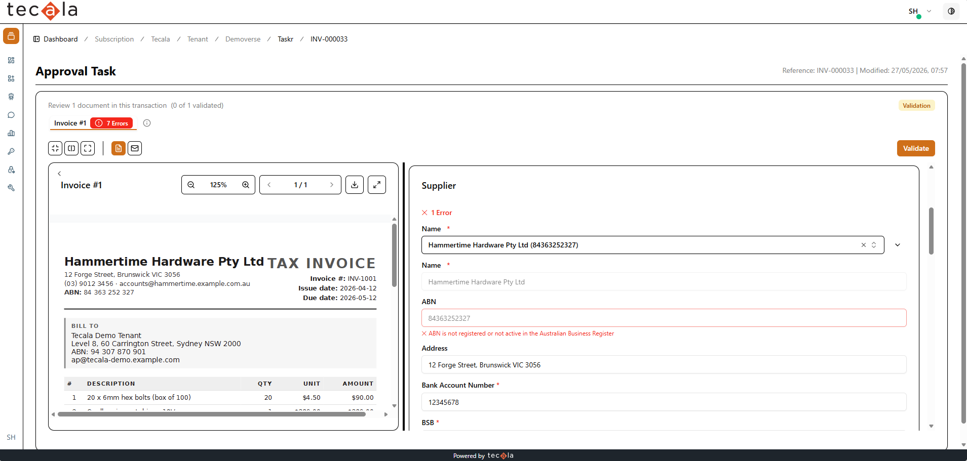 Validation error: ABN not registered or active in the Australian Business Register