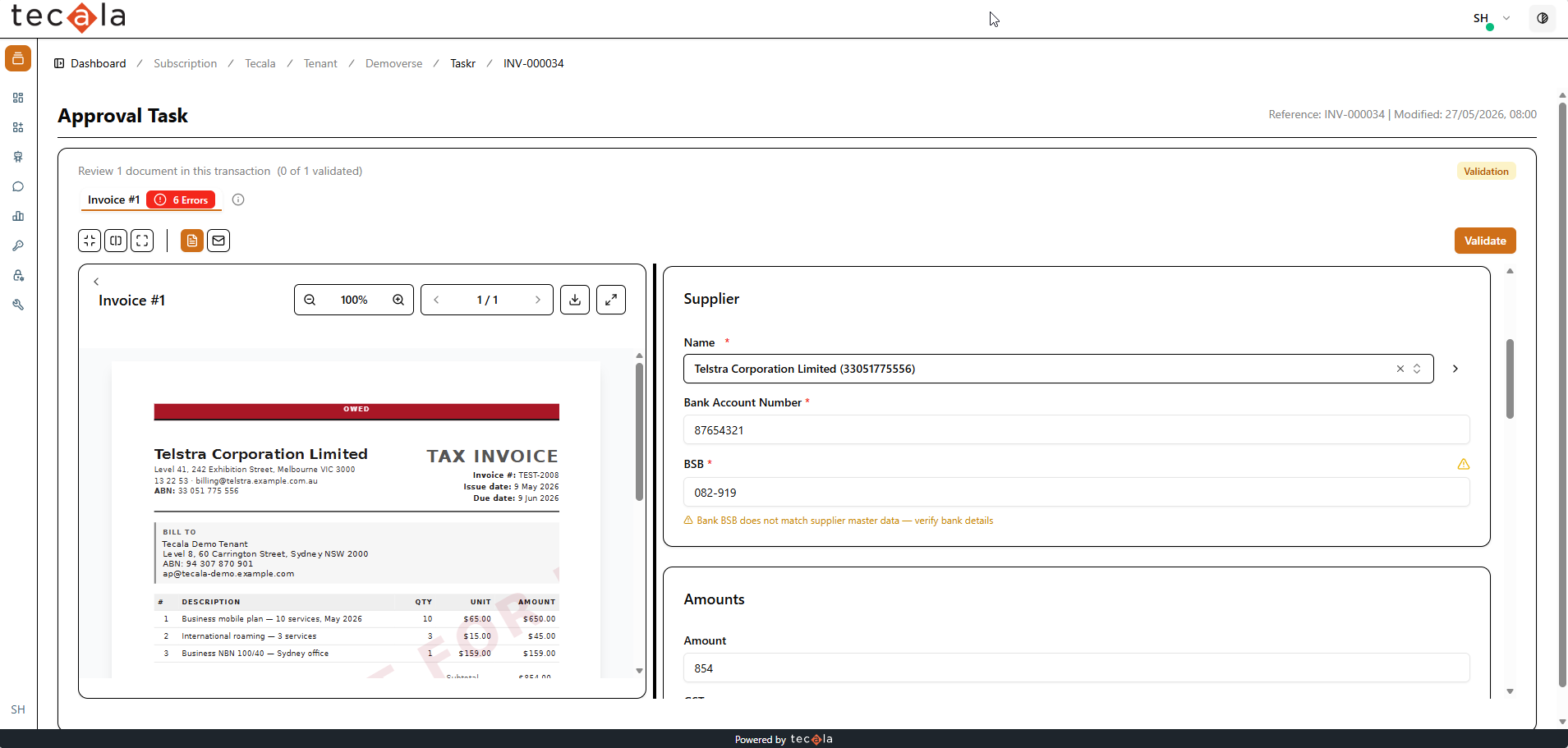Validation warning: bank BSB does not match supplier master data