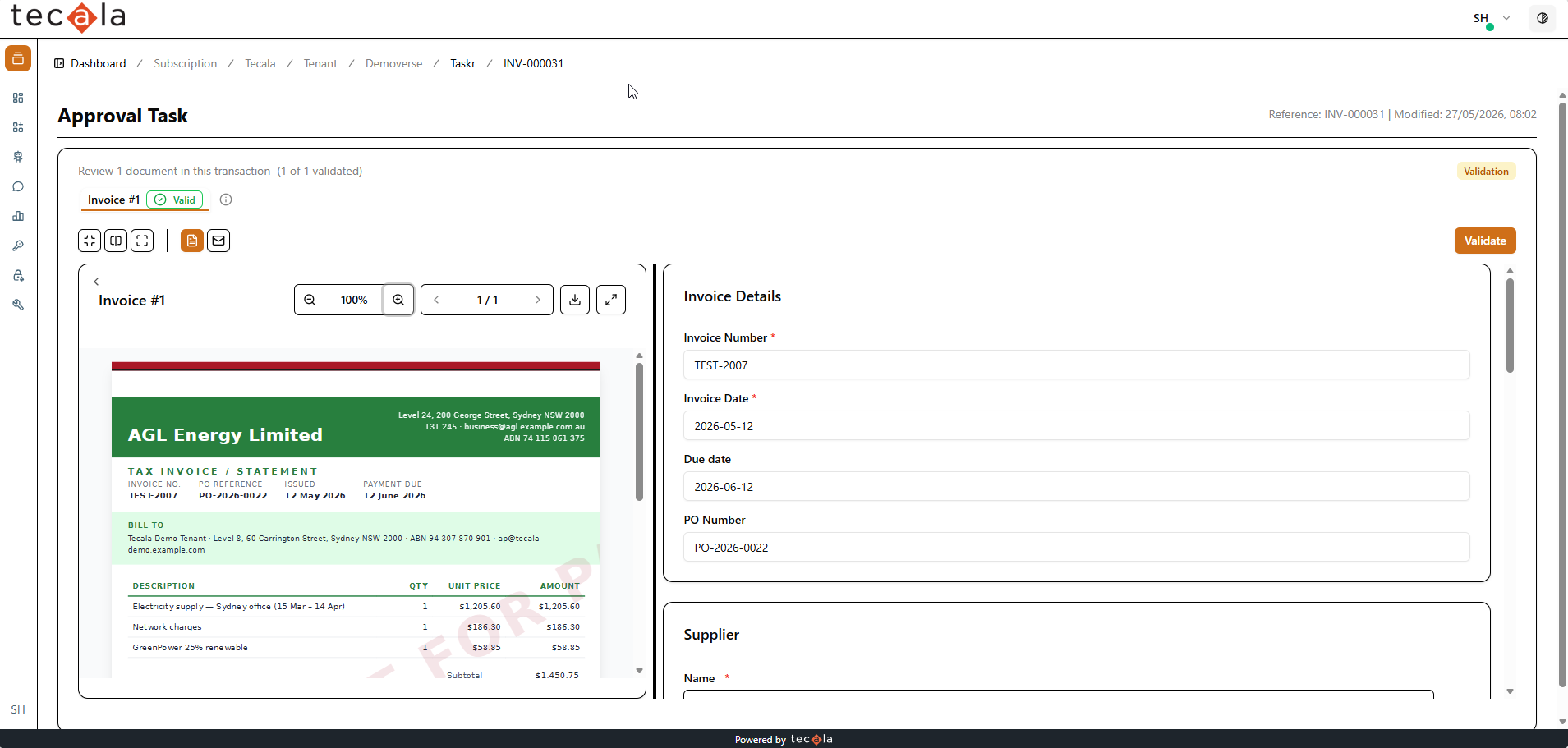 Invoice with a purchase order number captured and marked valid