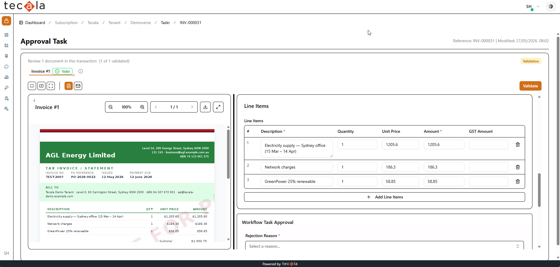 Invoice line items captured and matched to the purchase order