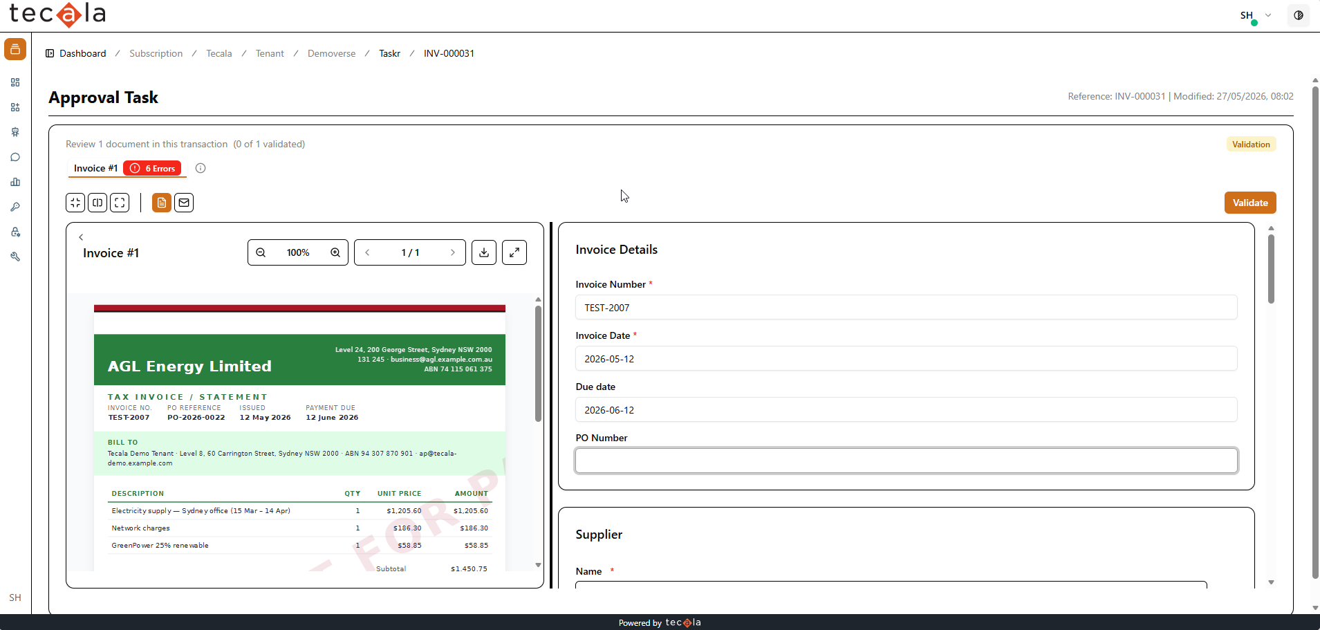 With the PO number removed, the invoice now shows validation errors