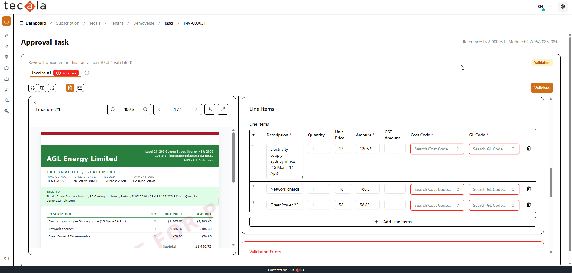 Without a PO, line items require cost code and GL code, with validation errors