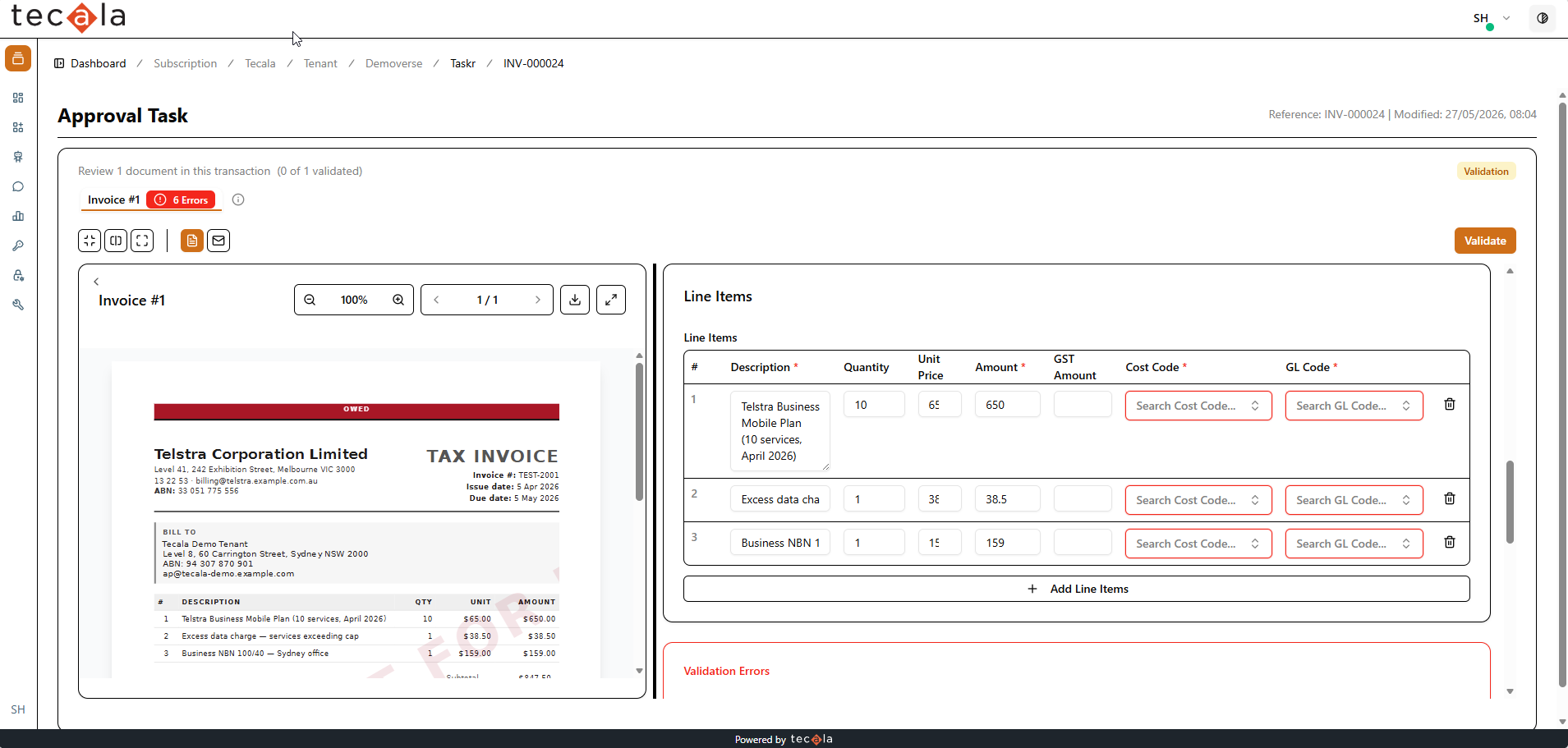Line items requiring a cost code and GL code on each line