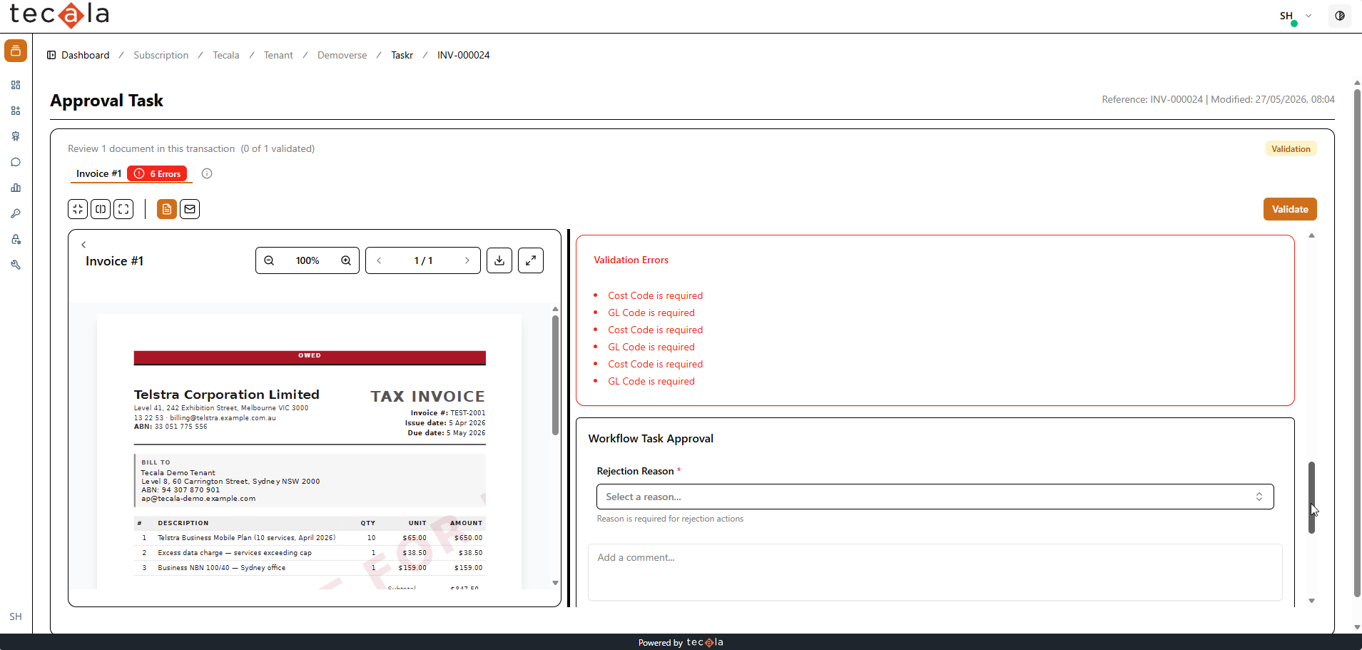 Itemised validation errors listing cost code and GL code required
