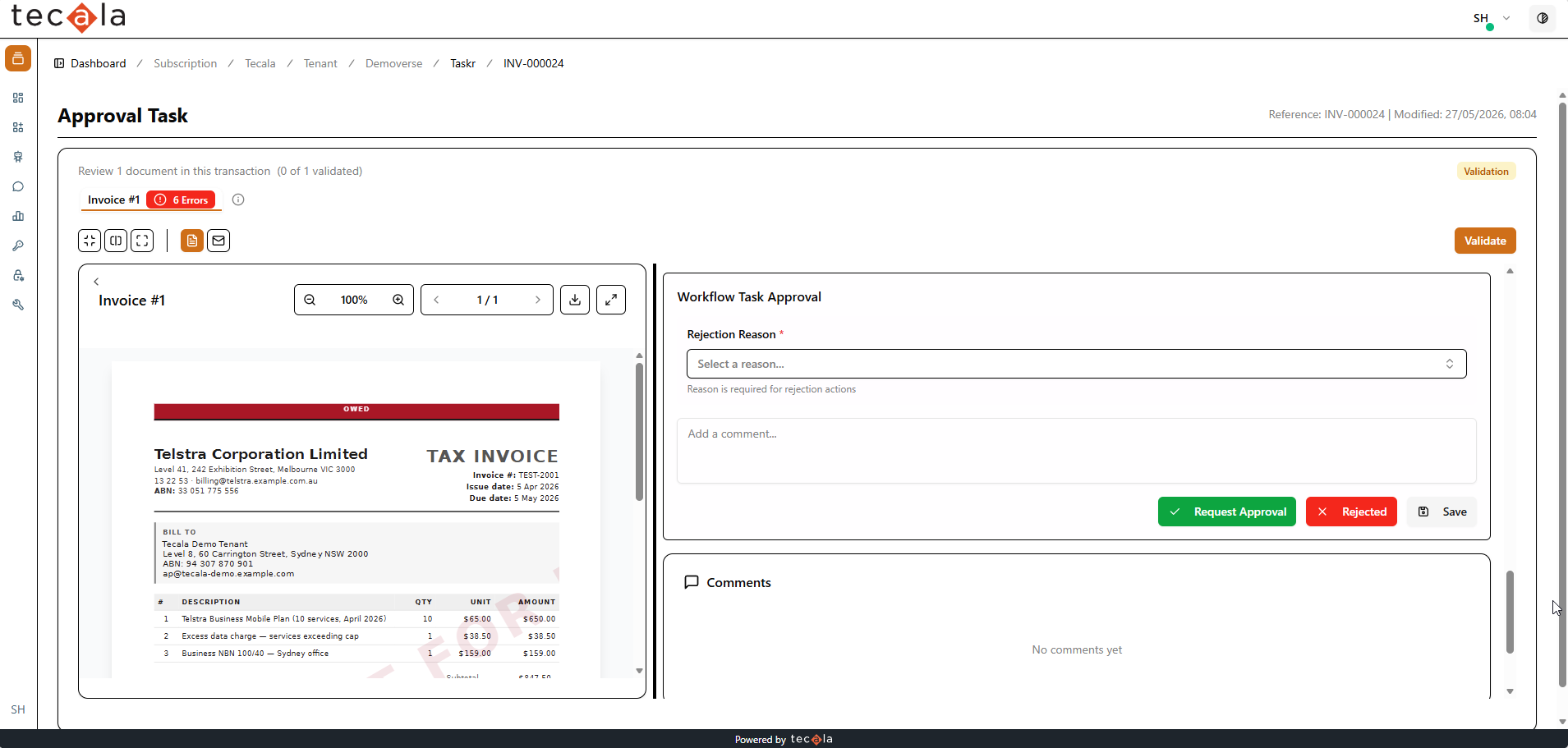 Workflow task approval with rejection reasons and a comments history