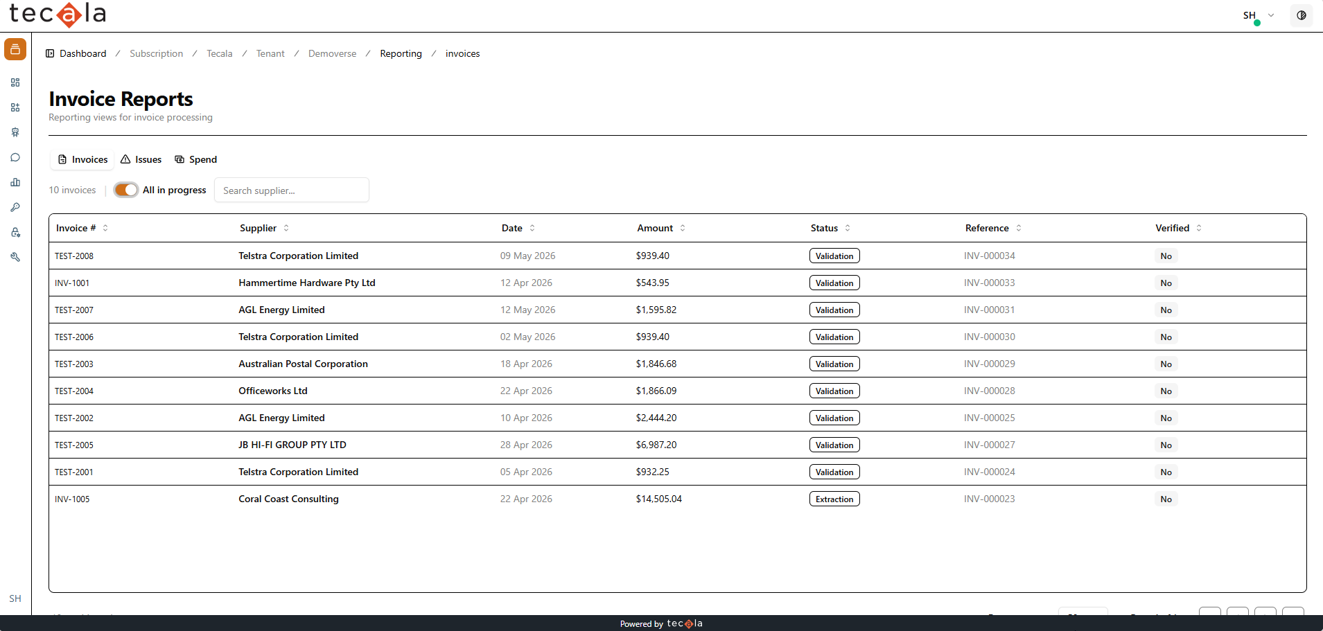 Invoice reports view listing every invoice with status and verification