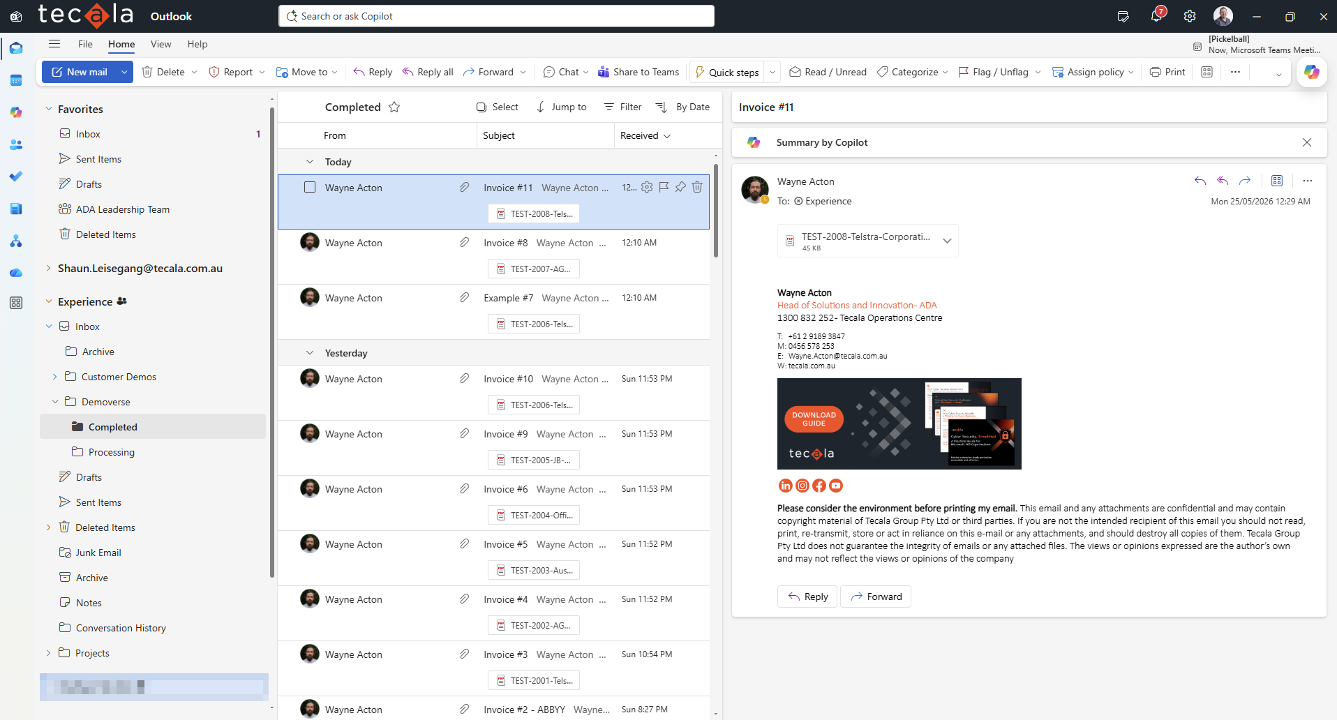 Inbox cleared, invoices moved to a Completed folder